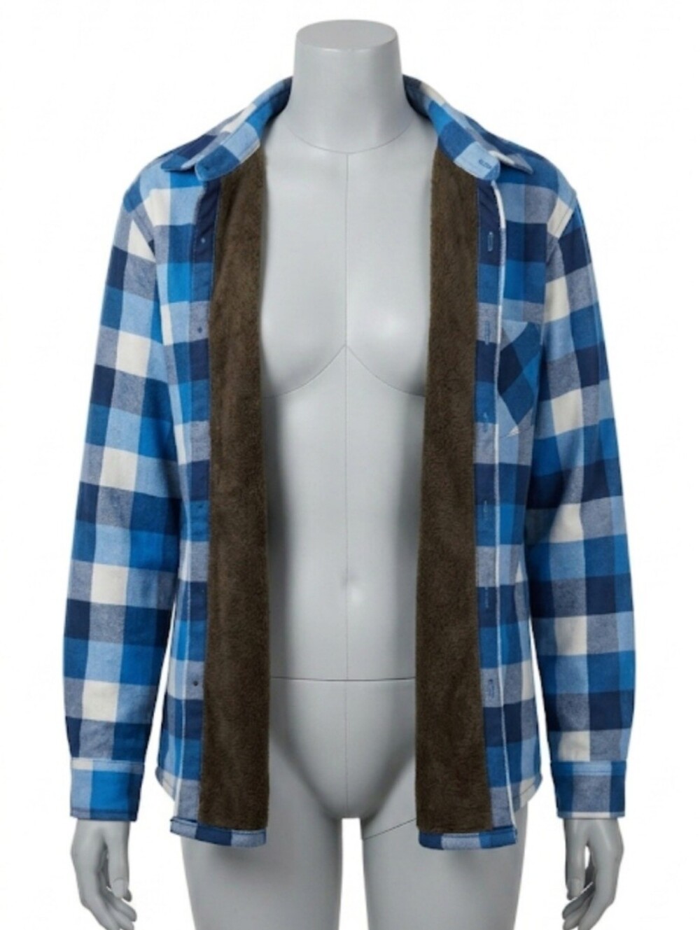 Men's Blue Plaid Sherpa-Lined Button-Up Jacket
